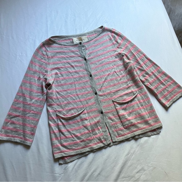 DEMYLEE heather grey pink striped cashmere knit button up long sleeve cardigan - Picture 1 of 5